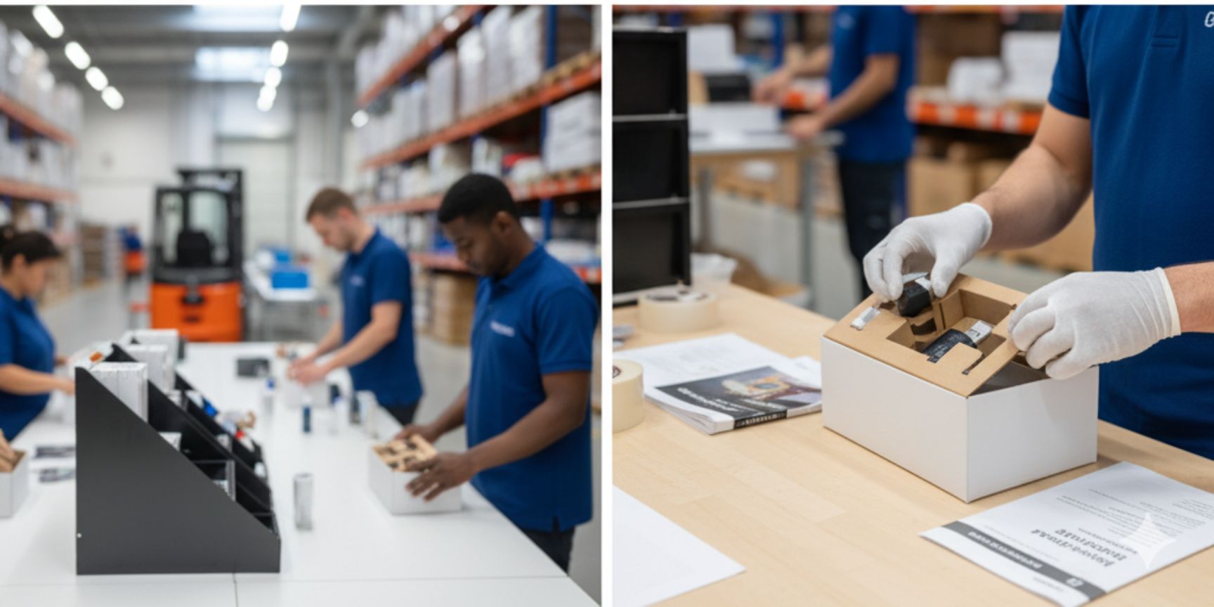 Collage of three shots: Above left, several people in a warehouse show packaging work at a long row of tables. At the top right, a wall-mounted screen with an overview software for logistics processes can be seen. At the bottom left, the image focuses on details of the packaging in the logistics hall and at the bottom right, products are finalized in high-quality packaging, with the hands of an employee in white gloves recognizable.